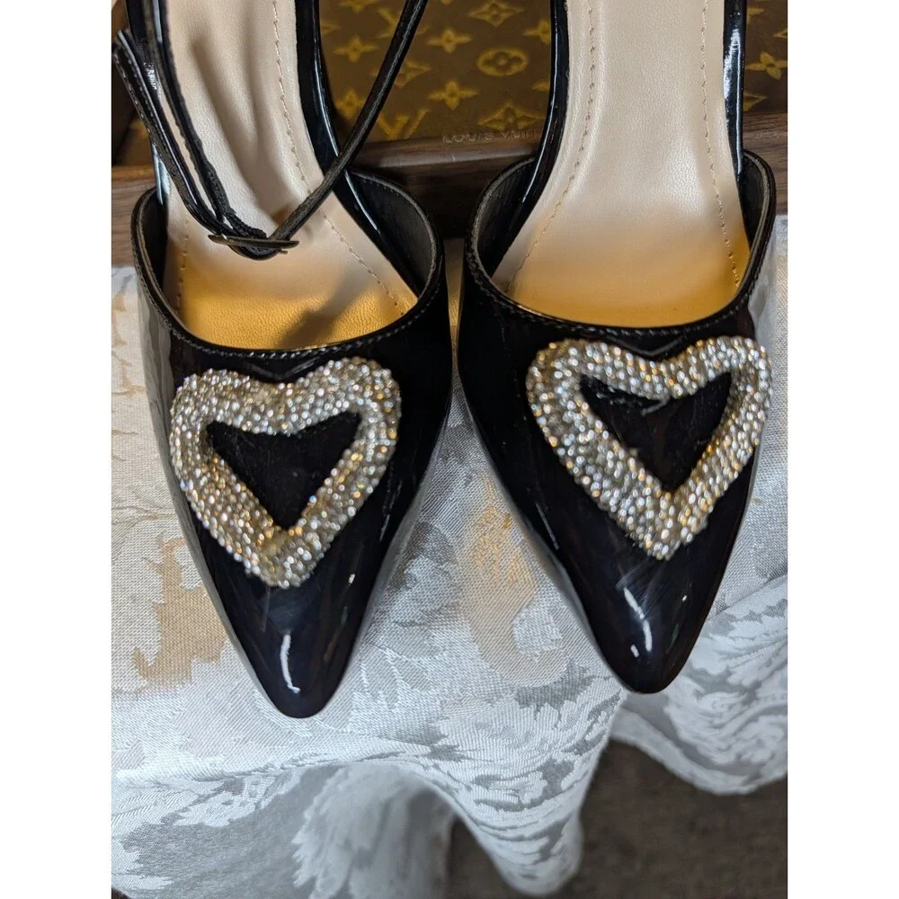 Rouge Black Patent Leather Strappy Pointed Toe Ankle Strap Rhinestone Heart 7.5 - Picture 6 of 6